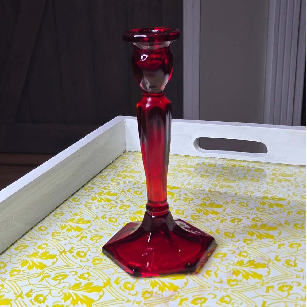 Fenton Vintage Candlestick Holder 8.5" Ruby Red Hexagonal Glass - brilliant